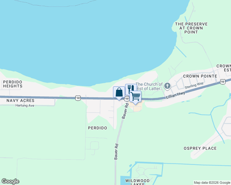 map of restaurants, bars, coffee shops, grocery stores, and more near 930 Joaquin Road in Pensacola