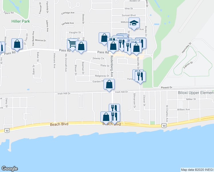 map of restaurants, bars, coffee shops, grocery stores, and more near 1715 Garden Park Drive in Biloxi