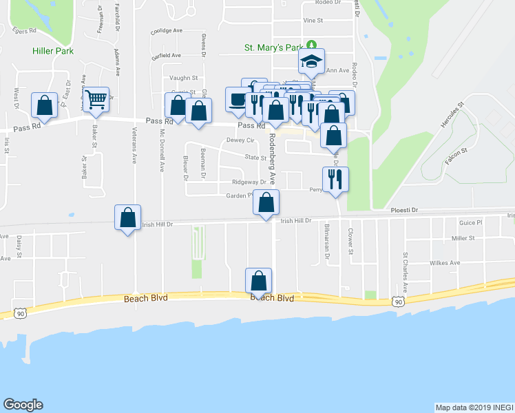 map of restaurants, bars, coffee shops, grocery stores, and more near 1715 Garden Park Drive in Biloxi
