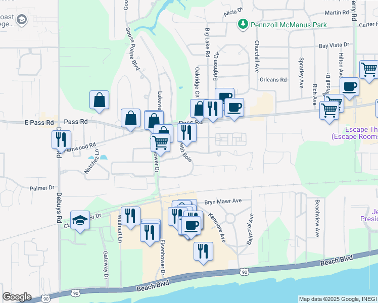 map of restaurants, bars, coffee shops, grocery stores, and more near 2640 Rue Palafox in Biloxi