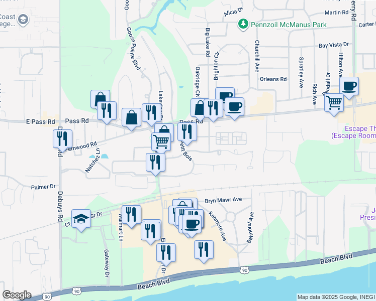 map of restaurants, bars, coffee shops, grocery stores, and more near 2640 Rue Palafox in Biloxi