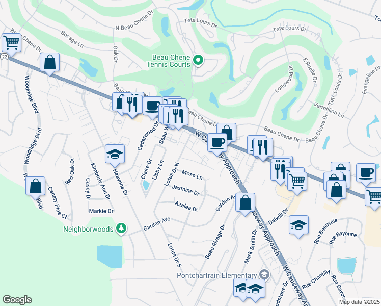 map of restaurants, bars, coffee shops, grocery stores, and more near 620-624 Village Lane South in Mandeville