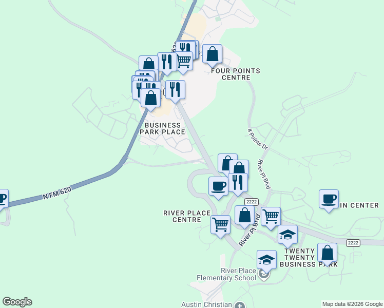 map of restaurants, bars, coffee shops, grocery stores, and more near 11121 Farm To Market Road 2222 in Austin