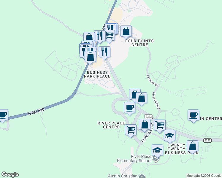 map of restaurants, bars, coffee shops, grocery stores, and more near 11111 Ranch Road 2222 in Austin