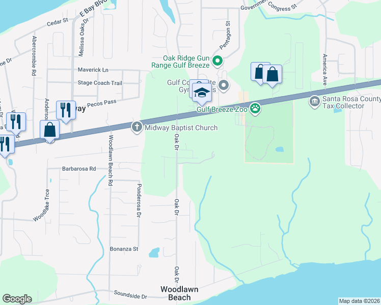 map of restaurants, bars, coffee shops, grocery stores, and more near 1778 Oak Drive in Gulf Breeze