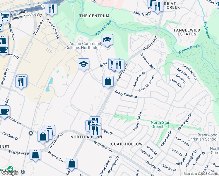 map of restaurants, bars, coffee shops, grocery stores, and more near Gracy Farms Ln in Austin