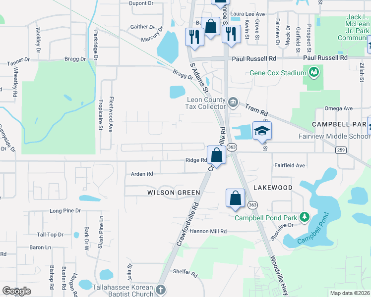 map of restaurants, bars, coffee shops, grocery stores, and more near 114 Americana Street in Tallahassee