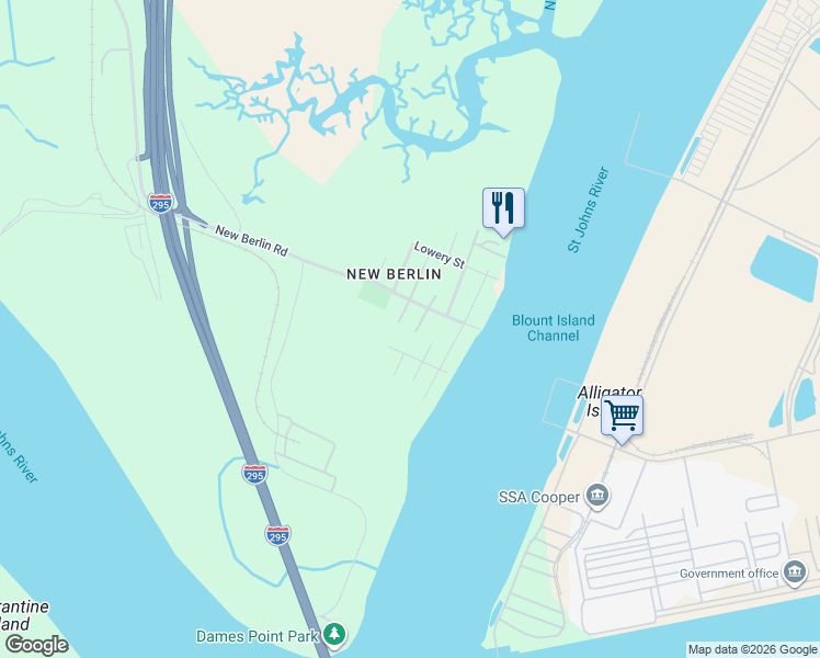 map of restaurants, bars, coffee shops, grocery stores, and more near 9216 New Berlin Road in Jacksonville