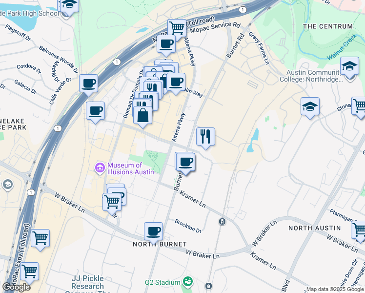 map of restaurants, bars, coffee shops, grocery stores, and more near 2901 Esperanza Crossing in Austin