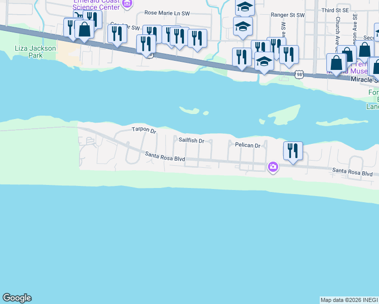 map of restaurants, bars, coffee shops, grocery stores, and more near 743 Seahorse Avenue in Fort Walton Beach