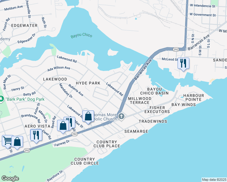 map of restaurants, bars, coffee shops, grocery stores, and more near 1100 Lakewood Road in Pensacola