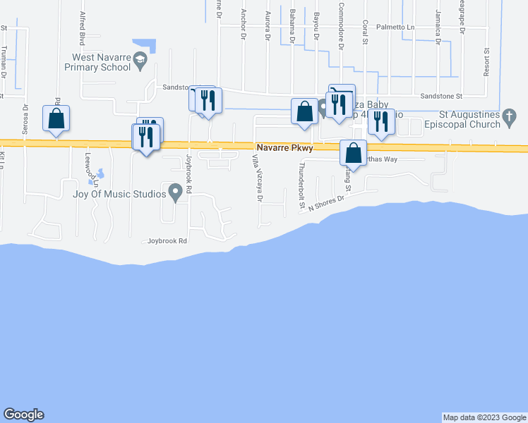 map of restaurants, bars, coffee shops, grocery stores, and more near 1752 Villa Vizcaya Drive in Navarre
