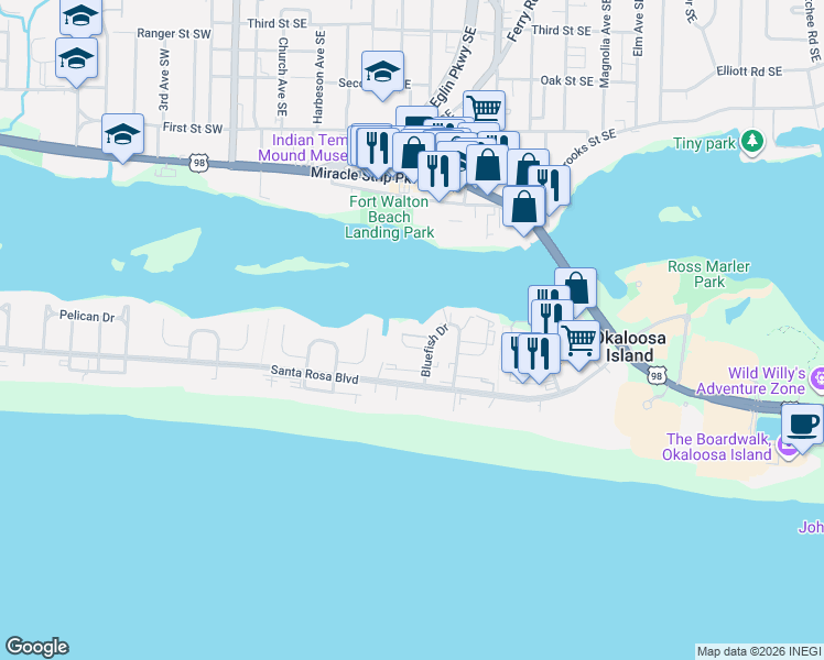 map of restaurants, bars, coffee shops, grocery stores, and more near 335 Bluefish Drive in Fort Walton Beach