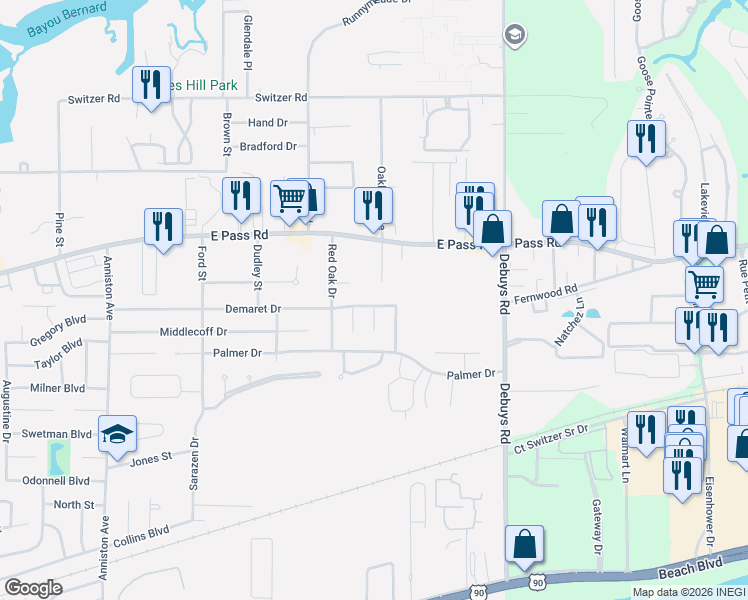 map of restaurants, bars, coffee shops, grocery stores, and more near 615 Oakleigh Avenue in Gulfport