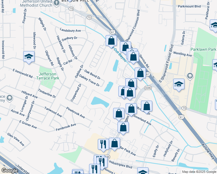 map of restaurants, bars, coffee shops, grocery stores, and more near 10500 Oakridge Park Avenue in Baton Rouge