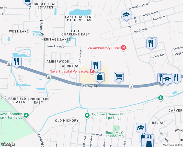 map of restaurants, bars, coffee shops, grocery stores, and more near in Pensacola