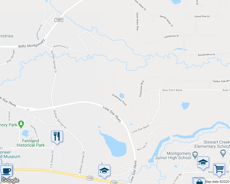 map of restaurants, bars, coffee shops, grocery stores, and more near 19114 Grandview Point in Montgomery