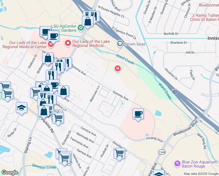 map of restaurants, bars, coffee shops, grocery stores, and more near 8335 Summa Avenue in Baton Rouge