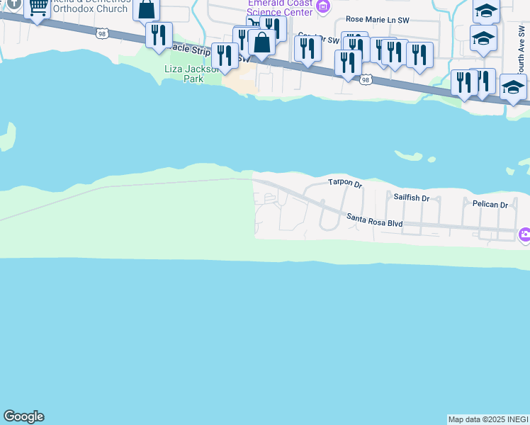 map of restaurants, bars, coffee shops, grocery stores, and more near 909 Santa Rosa Boulevard in Fort Walton Beach