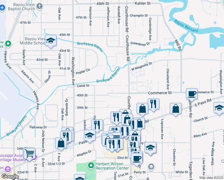 map of restaurants, bars, coffee shops, grocery stores, and more near 125 Canal Street in Gulfport