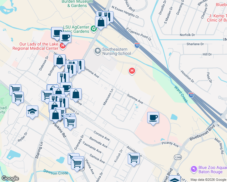 map of restaurants, bars, coffee shops, grocery stores, and more near 8212 Summa Avenue in Baton Rouge