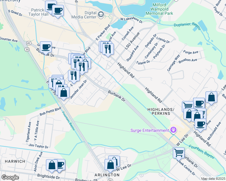map of restaurants, bars, coffee shops, grocery stores, and more near 4647 Louisiana 42 in Baton Rouge