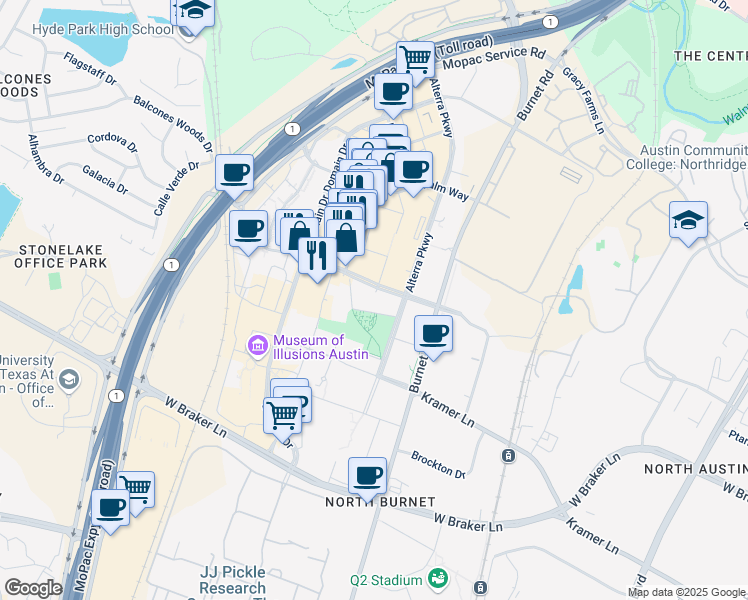 map of restaurants, bars, coffee shops, grocery stores, and more near 3001 Esperanza Crossing in Austin