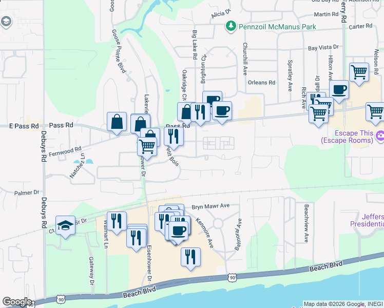 map of restaurants, bars, coffee shops, grocery stores, and more near 2 Lejuene Drive in Biloxi