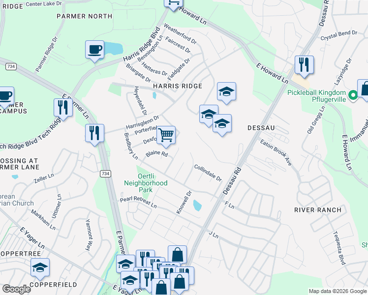 map of restaurants, bars, coffee shops, grocery stores, and more near 1427 Dexford Drive in Austin