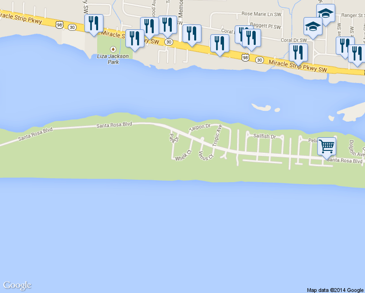 map of restaurants, bars, coffee shops, grocery stores, and more near 940 Santa Rosa Boulevard in Fort Walton Beach