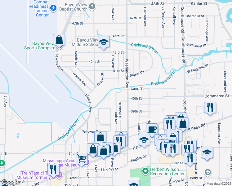 map of restaurants, bars, coffee shops, grocery stores, and more near 200 Mimosa Drive in Gulfport
