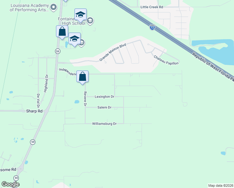 map of restaurants, bars, coffee shops, grocery stores, and more near 291 Lexington Drive in Mandeville