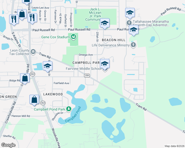 map of restaurants, bars, coffee shops, grocery stores, and more near 3434 Laura Street in Tallahassee