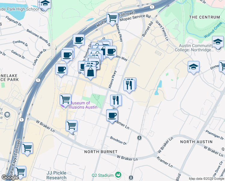 map of restaurants, bars, coffee shops, grocery stores, and more near 2901 Esperanza Crossing in Austin