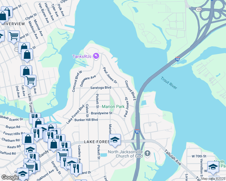 map of restaurants, bars, coffee shops, grocery stores, and more near 8190 Lexington Drive in Jacksonville