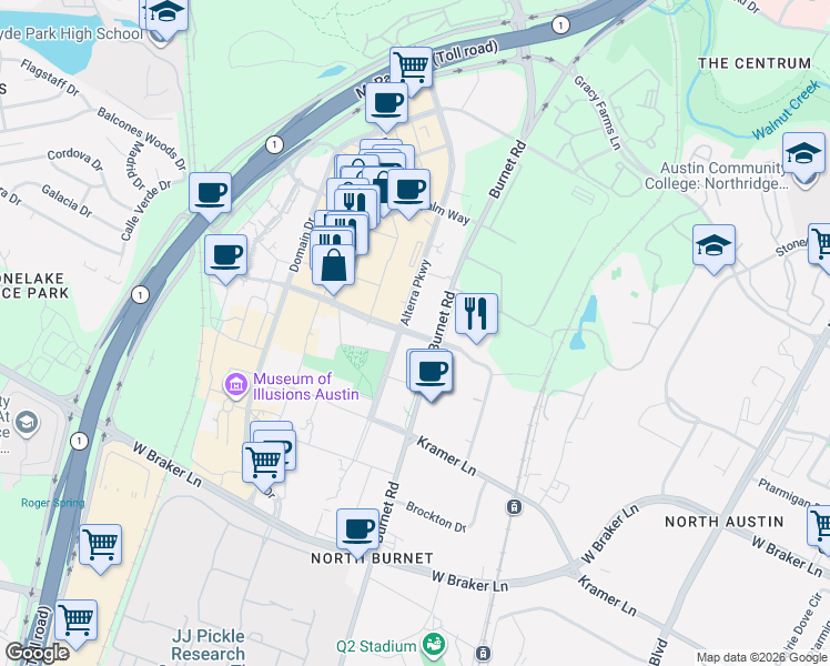 map of restaurants, bars, coffee shops, grocery stores, and more near 3003 Esperanza Crossing in Austin