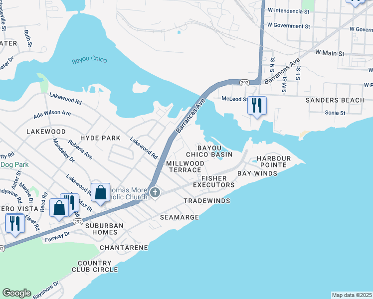 map of restaurants, bars, coffee shops, grocery stores, and more near 1275 Mahogany Mill Road in Pensacola