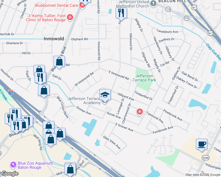 map of restaurants, bars, coffee shops, grocery stores, and more near 9869 Hillyard Avenue in Baton Rouge