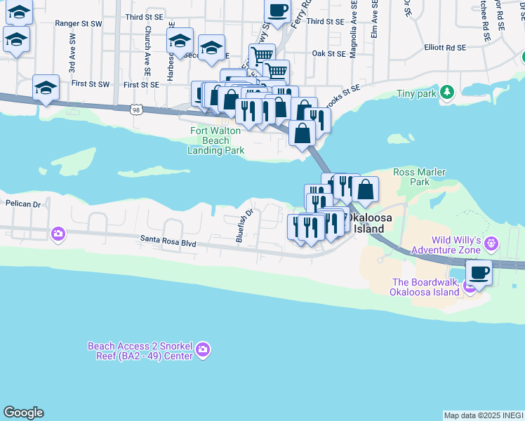 map of restaurants, bars, coffee shops, grocery stores, and more near 330 Bluefish Drive in Fort Walton Beach