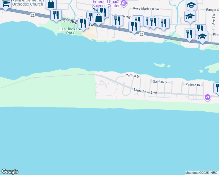 map of restaurants, bars, coffee shops, grocery stores, and more near 940 Santa Rosa Boulevard in Fort Walton Beach