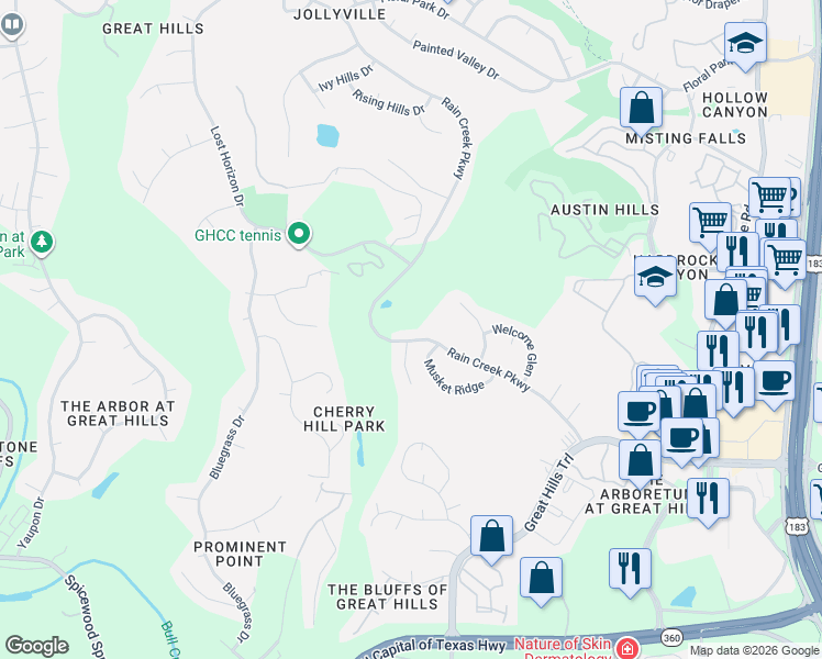 map of restaurants, bars, coffee shops, grocery stores, and more near 5412 Rain Creek Parkway in Austin