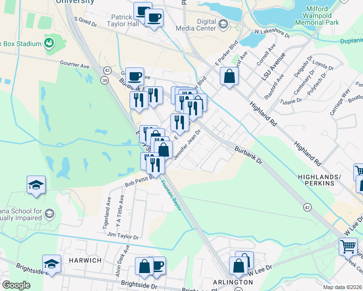 map of restaurants, bars, coffee shops, grocery stores, and more near 730 Jennifer Jean Drive in Baton Rouge