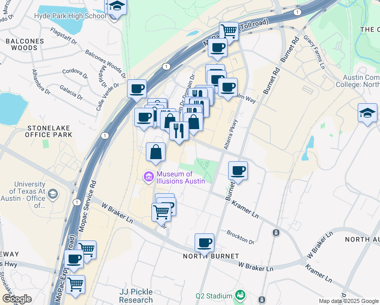map of restaurants, bars, coffee shops, grocery stores, and more near 3100 Esperanza Crossing in Austin