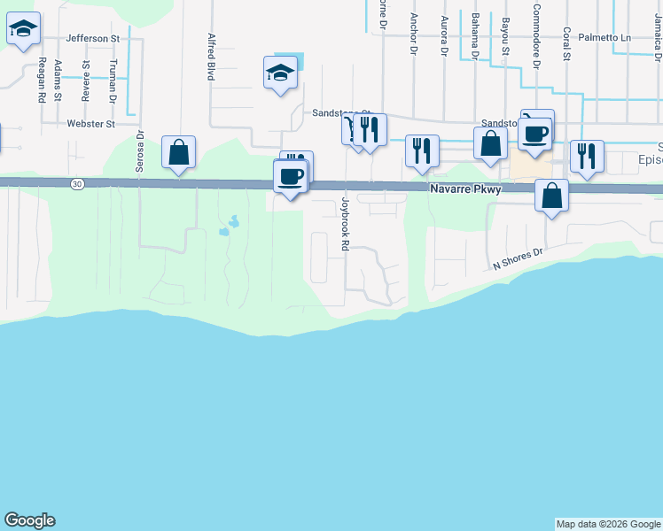 map of restaurants, bars, coffee shops, grocery stores, and more near 1792 Ivalea Circle in Navarre