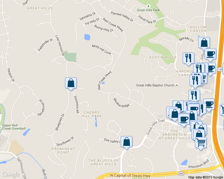 map of restaurants, bars, coffee shops, grocery stores, and more near 5412 Rain Creek Parkway in Austin