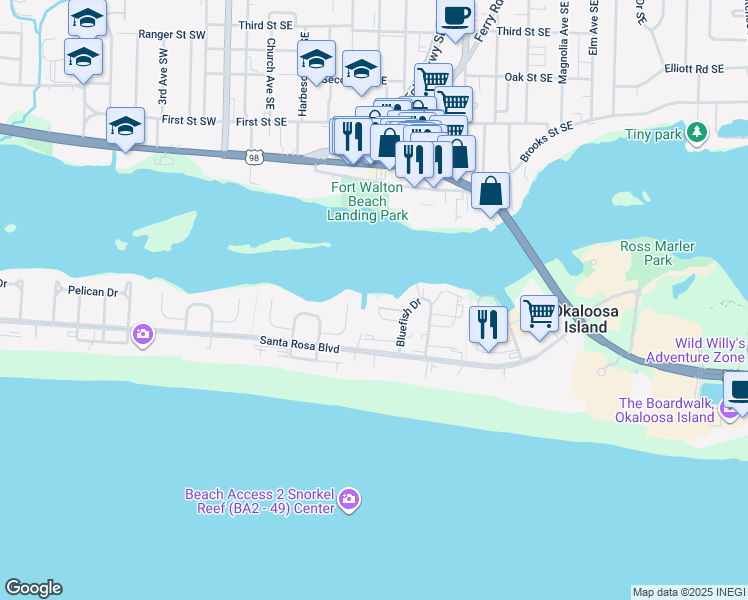 map of restaurants, bars, coffee shops, grocery stores, and more near 342 Bonita Avenue in Fort Walton Beach