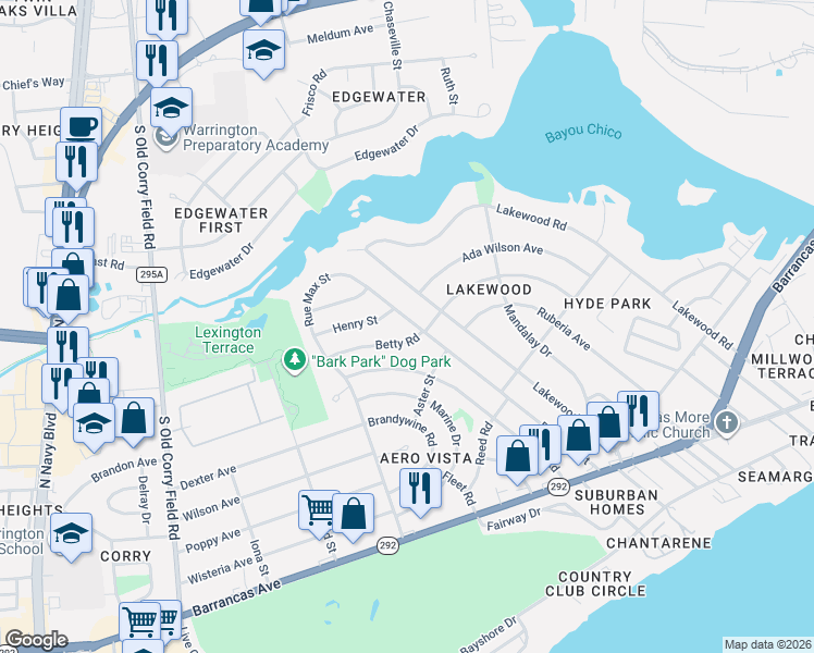 map of restaurants, bars, coffee shops, grocery stores, and more near 407 Rue Max Street in Pensacola