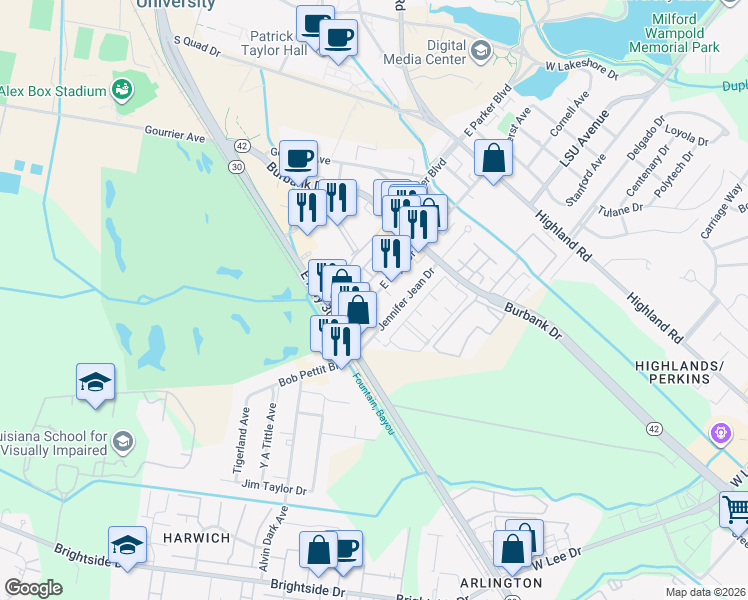 map of restaurants, bars, coffee shops, grocery stores, and more near 1408 East Boyd Drive in Baton Rouge