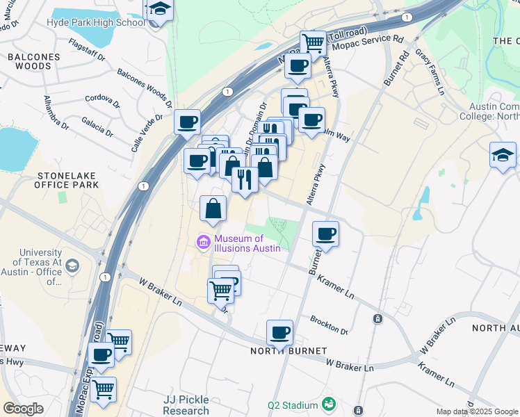 map of restaurants, bars, coffee shops, grocery stores, and more near 3100 Esperanza Crossing in Austin