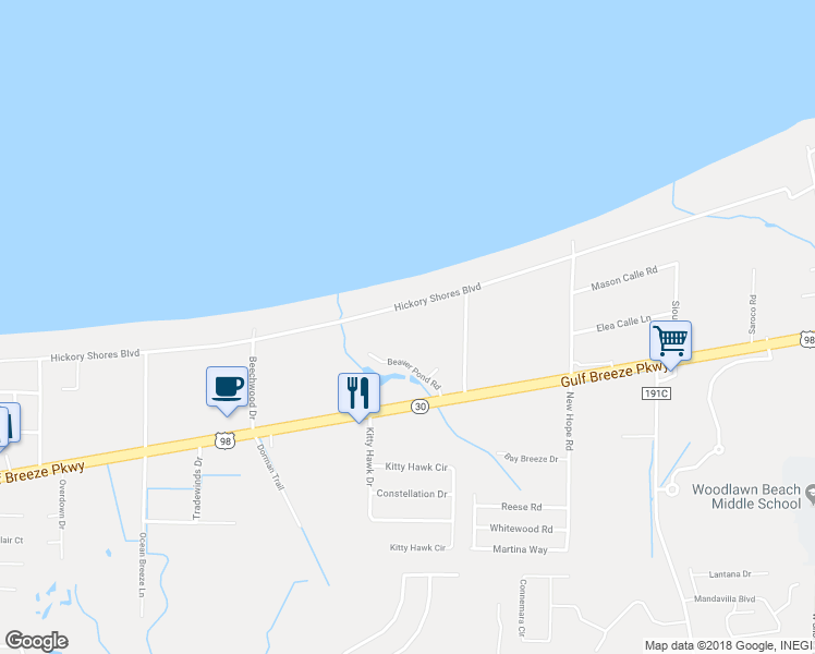 map of restaurants, bars, coffee shops, grocery stores, and more near 4735 Hickory Shores Boulevard in Gulf Breeze